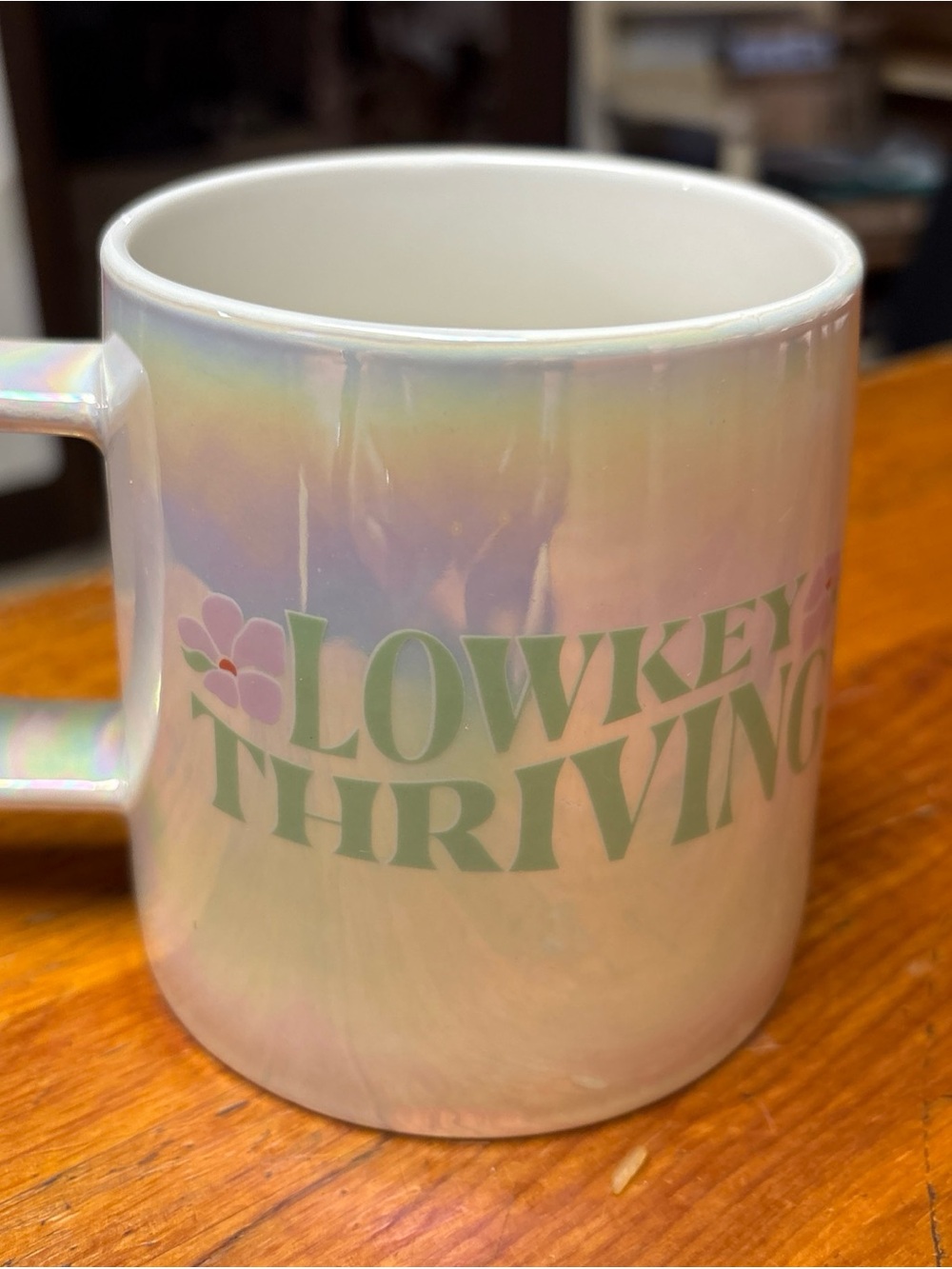 Room Essentials Iridescent White Mug with Pastel Green 'Lowkey Thriving' Print